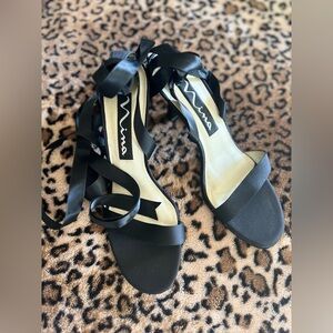 NINA Shoes, Women's Black Satin Ribbon High Heel Sandal, Size 8M